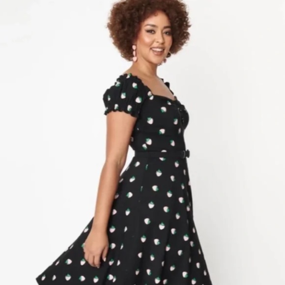 Unique Vintage Dresses & Skirts - UNIQUE VINTAGE Strawberry Fit & Flare Black and Pink Swing Dress with Pockets!